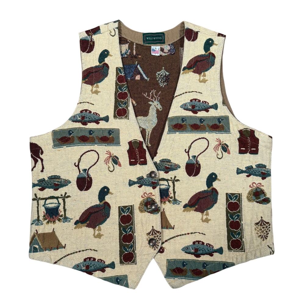 Vintage Willowbend Tapestry Vest L USA Hunting Fishing Ducks Deer Cabin Scenic